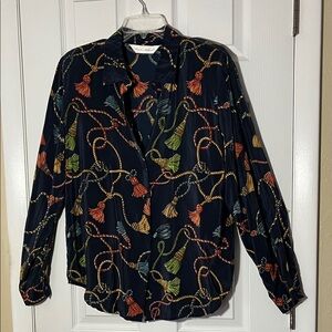 Peter Martin Y2K silk button blouse tassel rope point collar long sleeve size 12